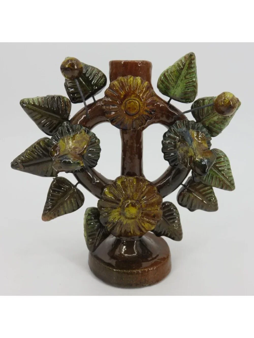 Tree Of Life Pottery Single Candleholder Candelabra Mexican Folk Art Flower Leaf